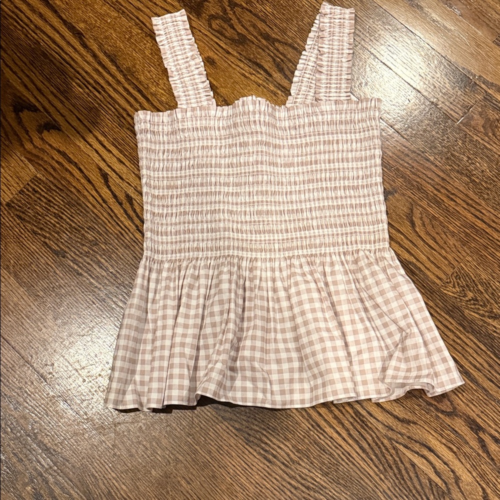 INTERMIX tan Gingham Smocked Blouse